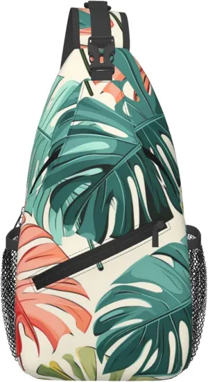 Red Green Palm Leaves Sling Bag for women and Men, Tropical Jungle Crossbody Chest Bag Water Resistant, Lightweight Sling Purse for Travel Hiking Gym Everyday Use