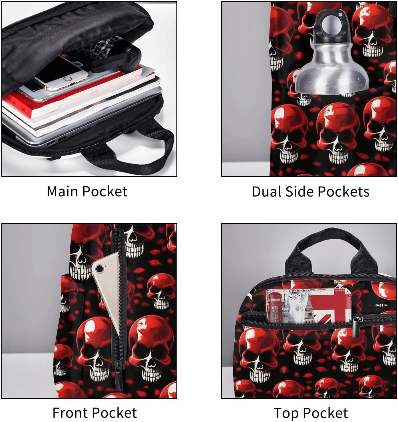 Red Skeletons Print Lightweight Backpack, Travel Bookbag College Bag,Laptop Backpack For Men Women