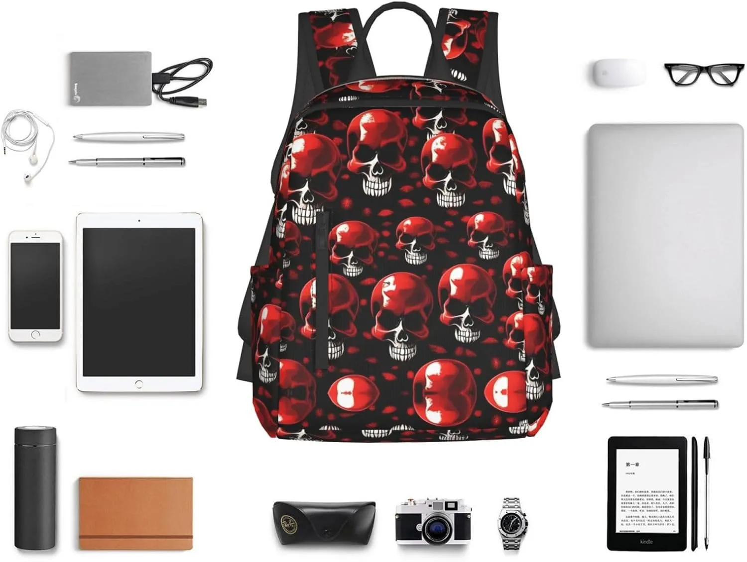 Red Skeletons Print Lightweight Backpack, Travel Bookbag College Bag,Laptop Backpack For Men Women