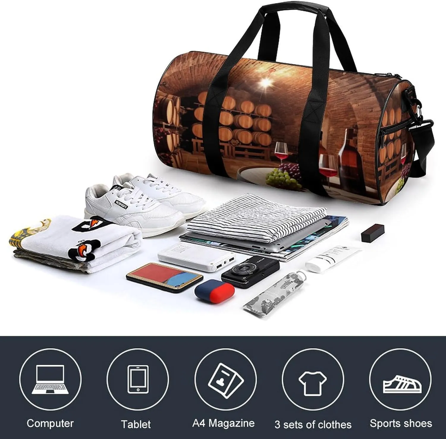 Red Wine Cellar Gym Bag Small Travel Duffle Bag with Compartment Carry On Weekender Bag for Women Men