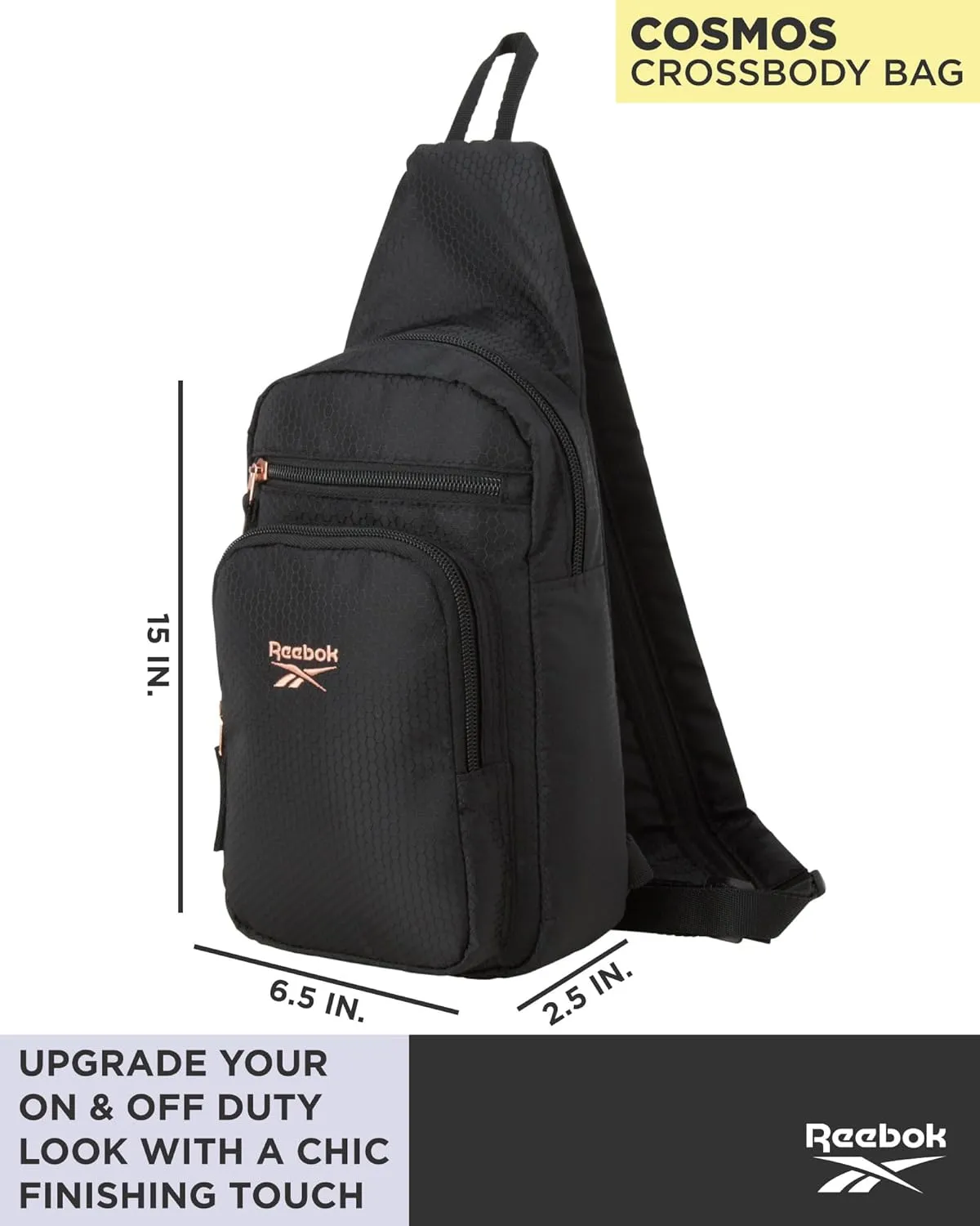 Reebok Unisex Crossbody Bag - Compact Sling Crossbody Bags for Women and Men with Convertible Strap for Gym and Travel, Size One Size, Cosmos Black