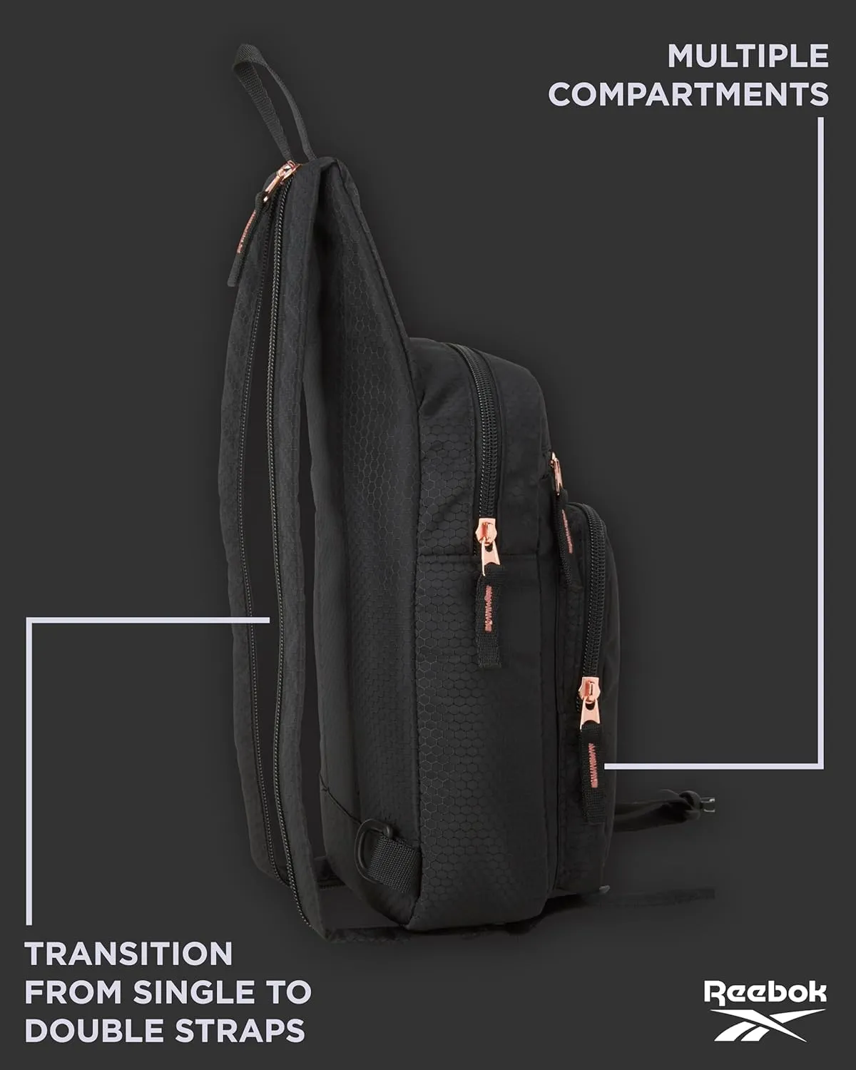 Reebok Unisex Crossbody Bag - Compact Sling Crossbody Bags for Women and Men with Convertible Strap for Gym and Travel, Size One Size, Cosmos Black