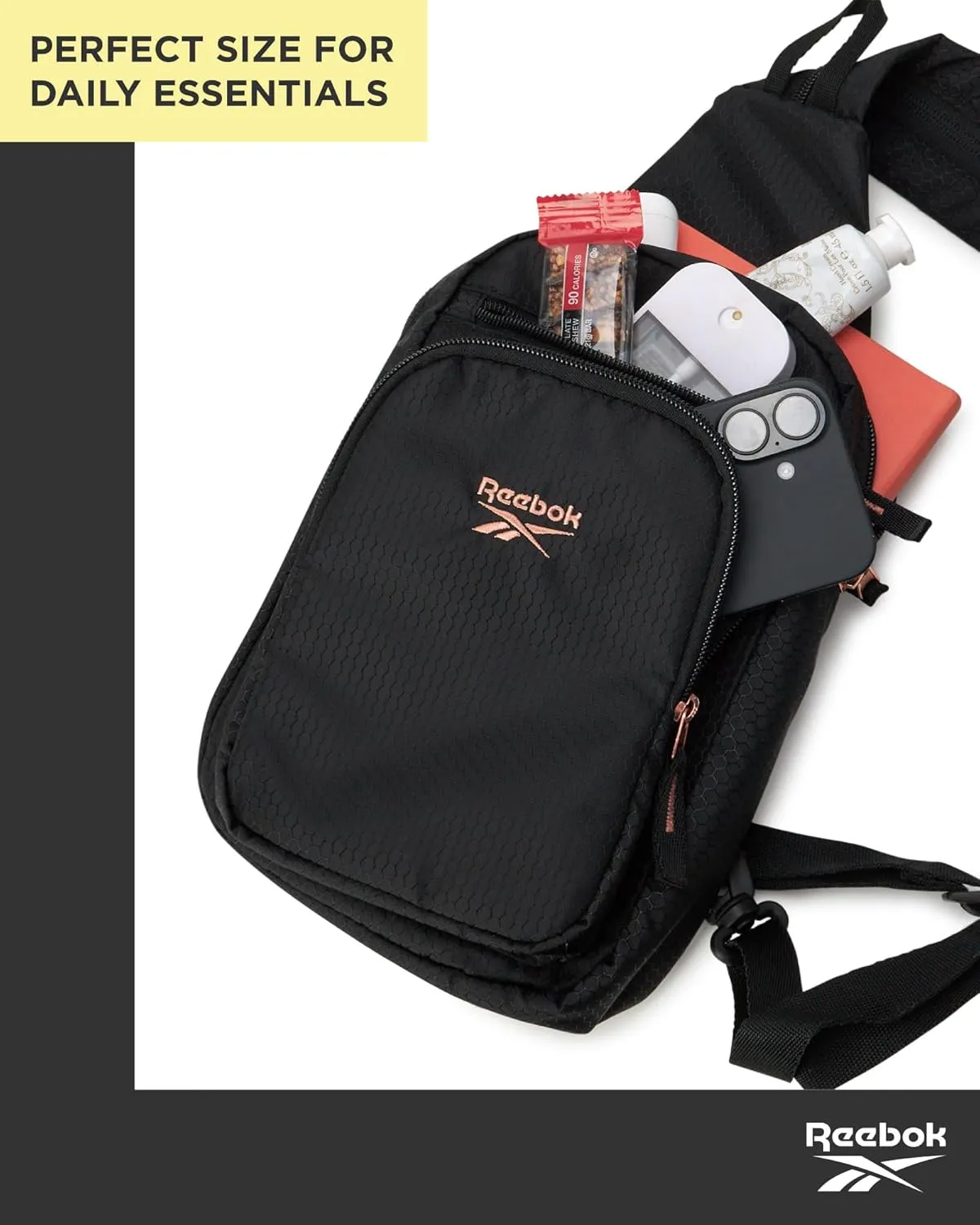 Reebok Unisex Crossbody Bag - Compact Sling Crossbody Bags for Women and Men with Convertible Strap for Gym and Travel, Size One Size, Cosmos Black