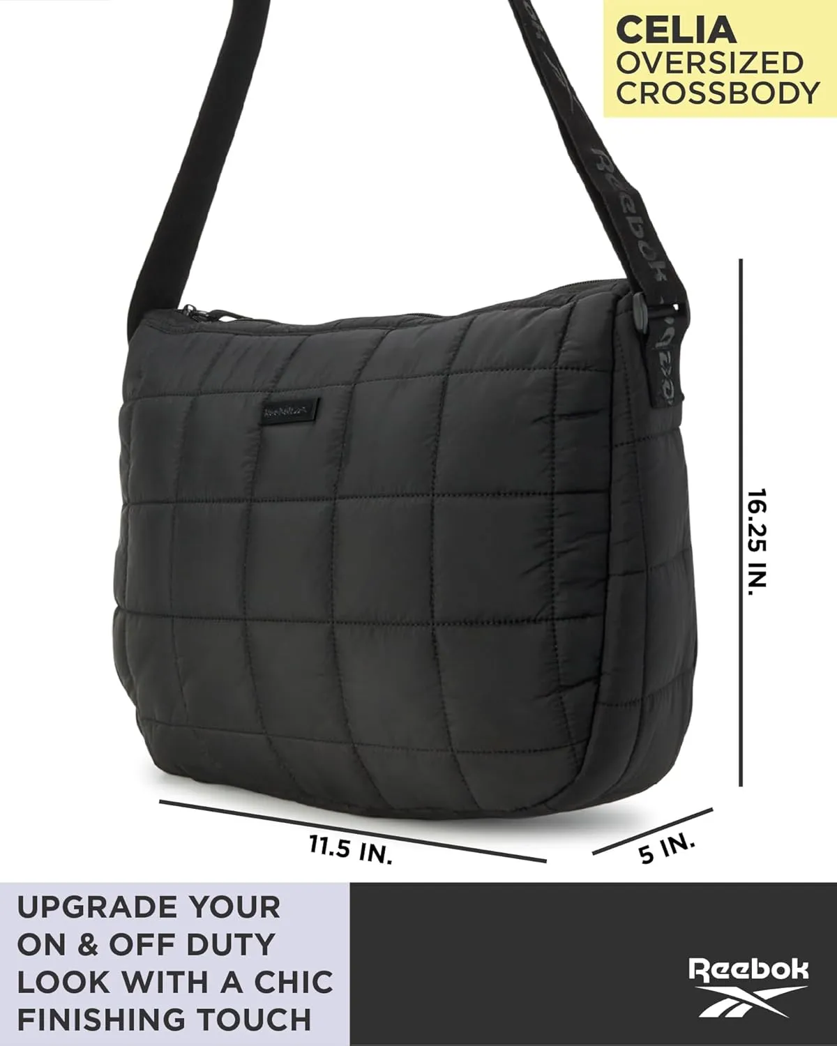 Reebok Womens Crossbody Bag - Oversized Quilted Puffer Tote Bag for Women, Large Shoulder Purse for Gym Travel & Everyday Use