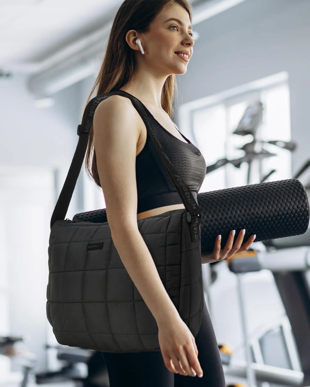 Reebok Womens Crossbody Bag - Oversized Quilted Puffer Tote Bag for Women, Large Shoulder Purse for Gym Travel & Everyday Use