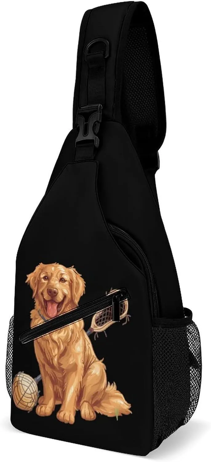 Retriever Dog Lacrosse Stick Printed Crossbody Bags Casual Sling Backpack with Adjustable Strap for Women Men