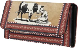 Retro Farm Cow Print Women Wallets Change Pouch PU Leather Purse Zipper Coin Pocket, Vintage Drawing Farmland Cattle Printed Long Slim Wallet with Card Slots & ID Window