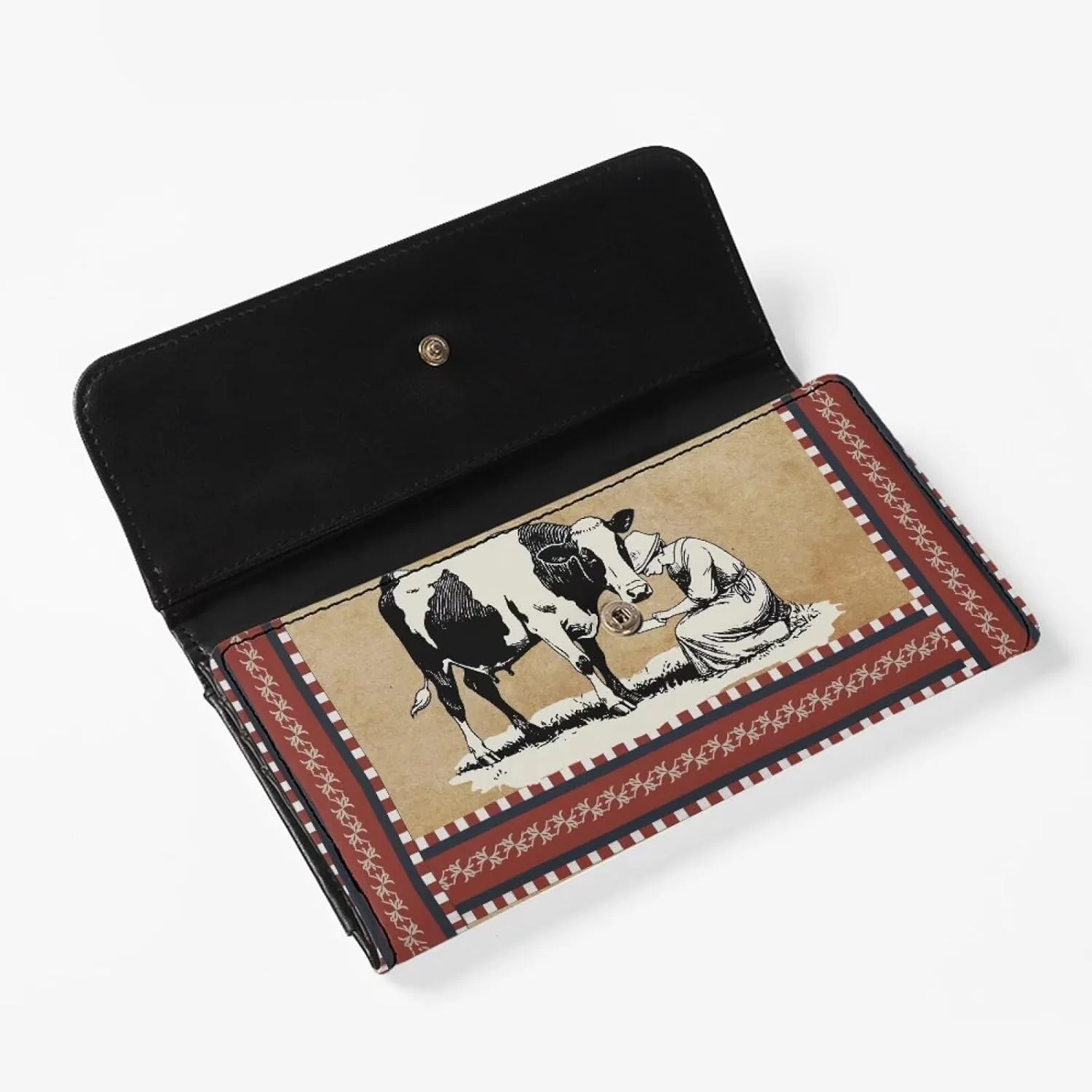 Retro Farm Cow Print Women Wallets Change Pouch PU Leather Purse Zipper Coin Pocket, Vintage Drawing Farmland Cattle Printed Long Slim Wallet with Card Slots & ID Window