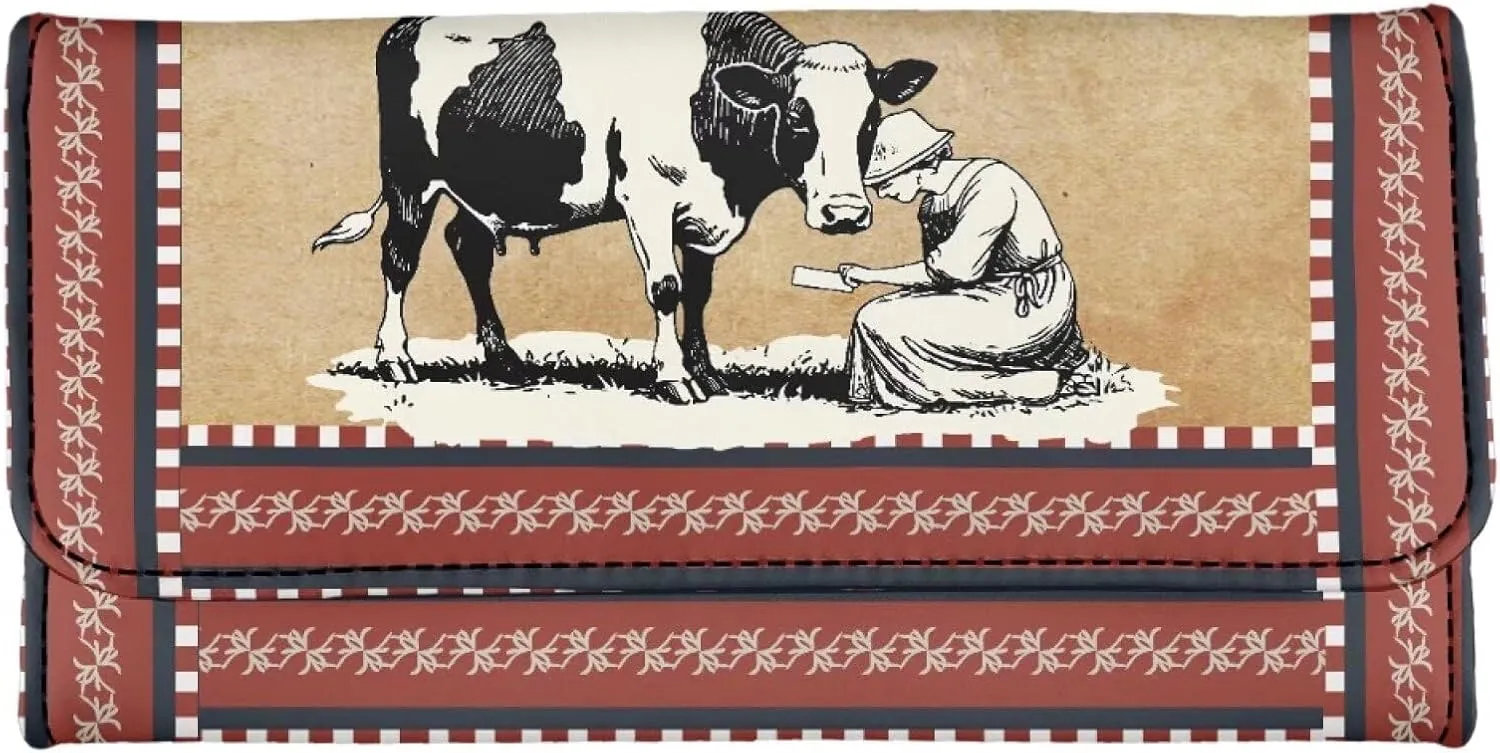 Retro Farm Cow Print Women Wallets Change Pouch PU Leather Purse Zipper Coin Pocket, Vintage Drawing Farmland Cattle Printed Long Slim Wallet with Card Slots & ID Window