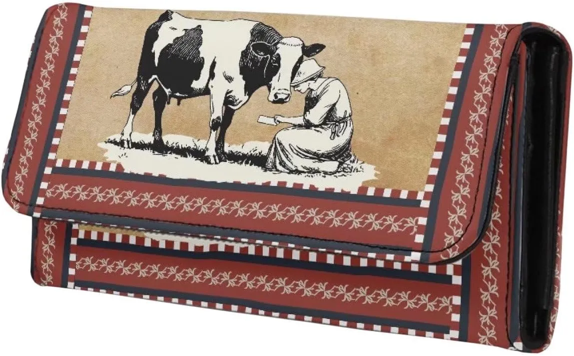 Retro Farm Cow Print Women Wallets Change Pouch PU Leather Purse Zipper Coin Pocket, Vintage Drawing Farmland Cattle Printed Long Slim Wallet with Card Slots & ID Window
