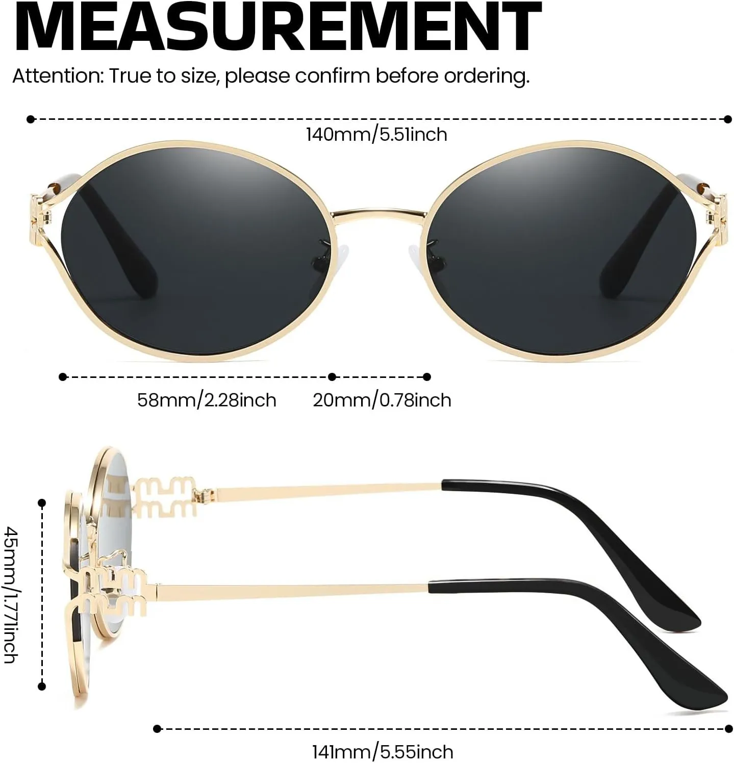 Retro Oval Sunglasses for Women Classic Round Designer Sun Glasses UV400 Protection Gold Metal Frame Shades