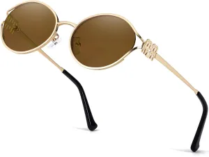 Retro Oval Sunglasses for Women Classic Round Designer Sun Glasses UV400 Protection Gold Metal Frame Shades