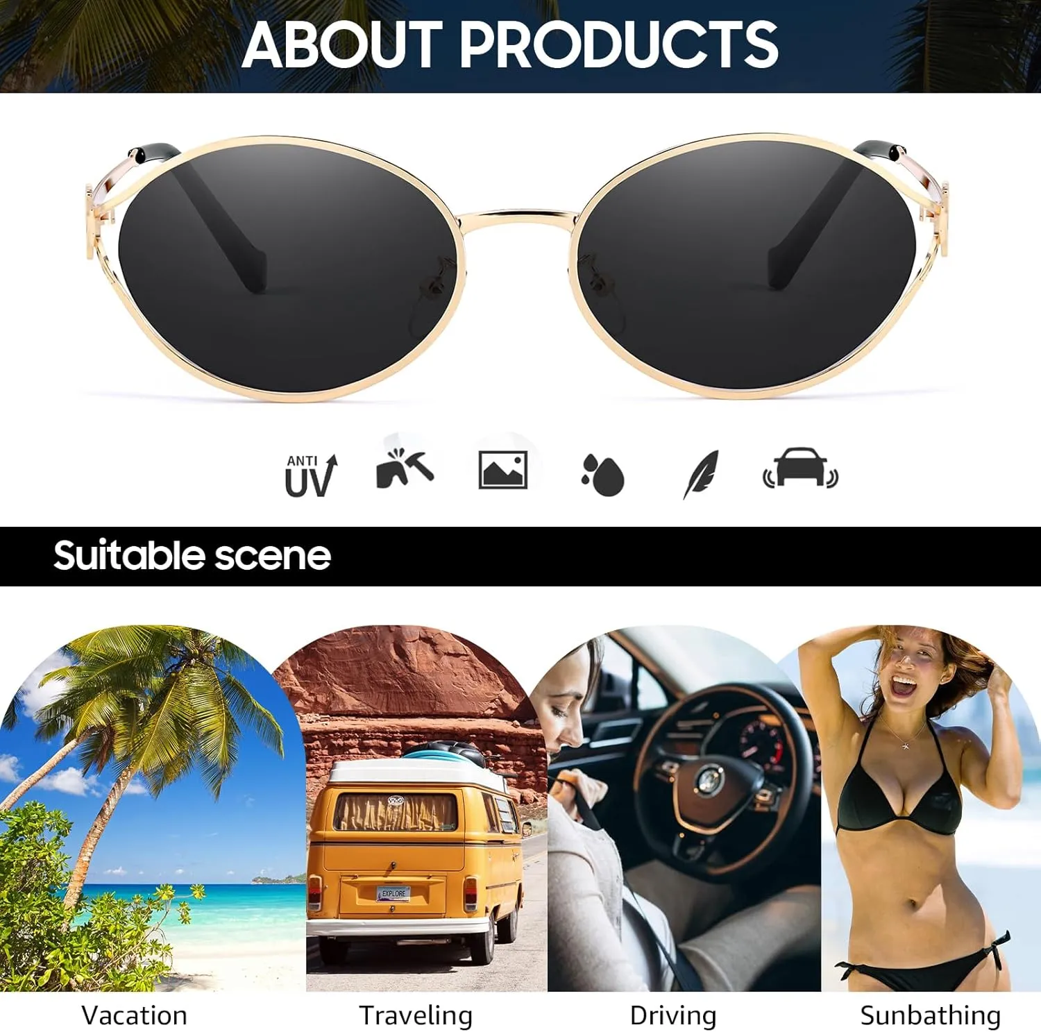 Retro Oval Sunglasses for Women Classic Round Designer Sun Glasses UV400 Protection Gold Metal Frame Shades