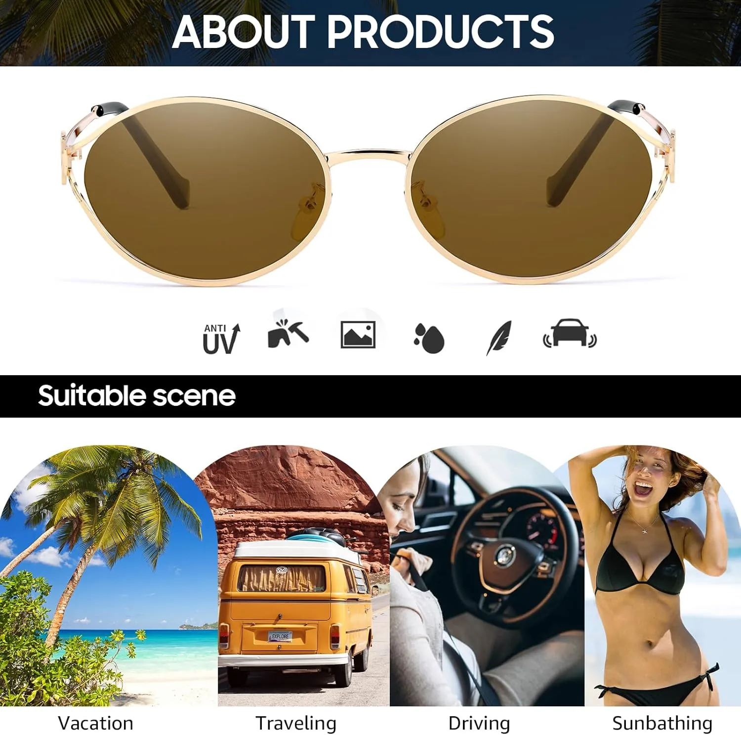Retro Oval Sunglasses for Women Classic Round Designer Sun Glasses UV400 Protection Gold Metal Frame Shades