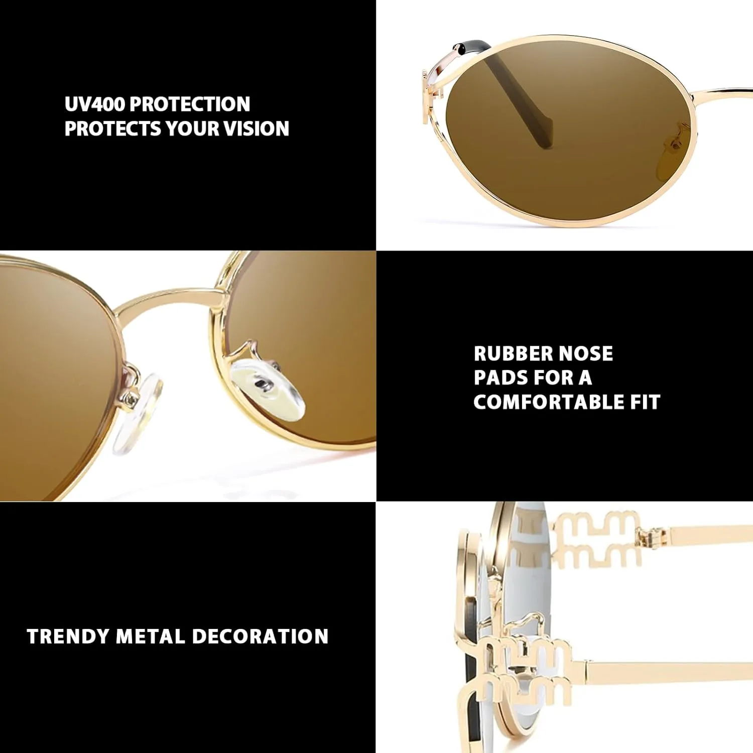 Retro Oval Sunglasses for Women Classic Round Designer Sun Glasses UV400 Protection Gold Metal Frame Shades