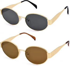 Retro Oval Sunglasses for Women Men - Trendy Gold Sun Glasses - Fashion Metal Frame Shades