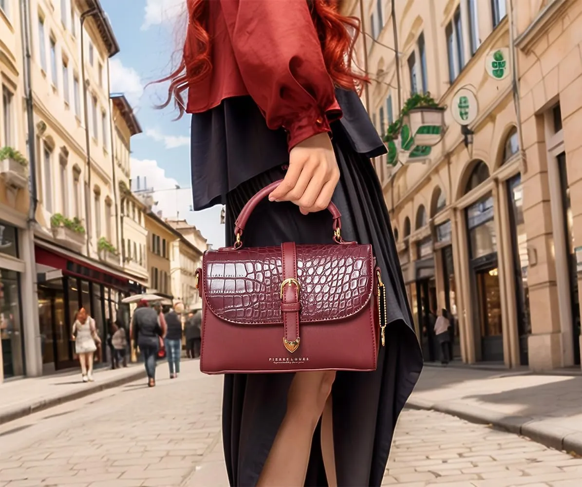 Retro Satchel Crossbody Handbags for Women, Trendy Crocodile Designer Leather Flap Top Handle Purses Shoulder Bag
