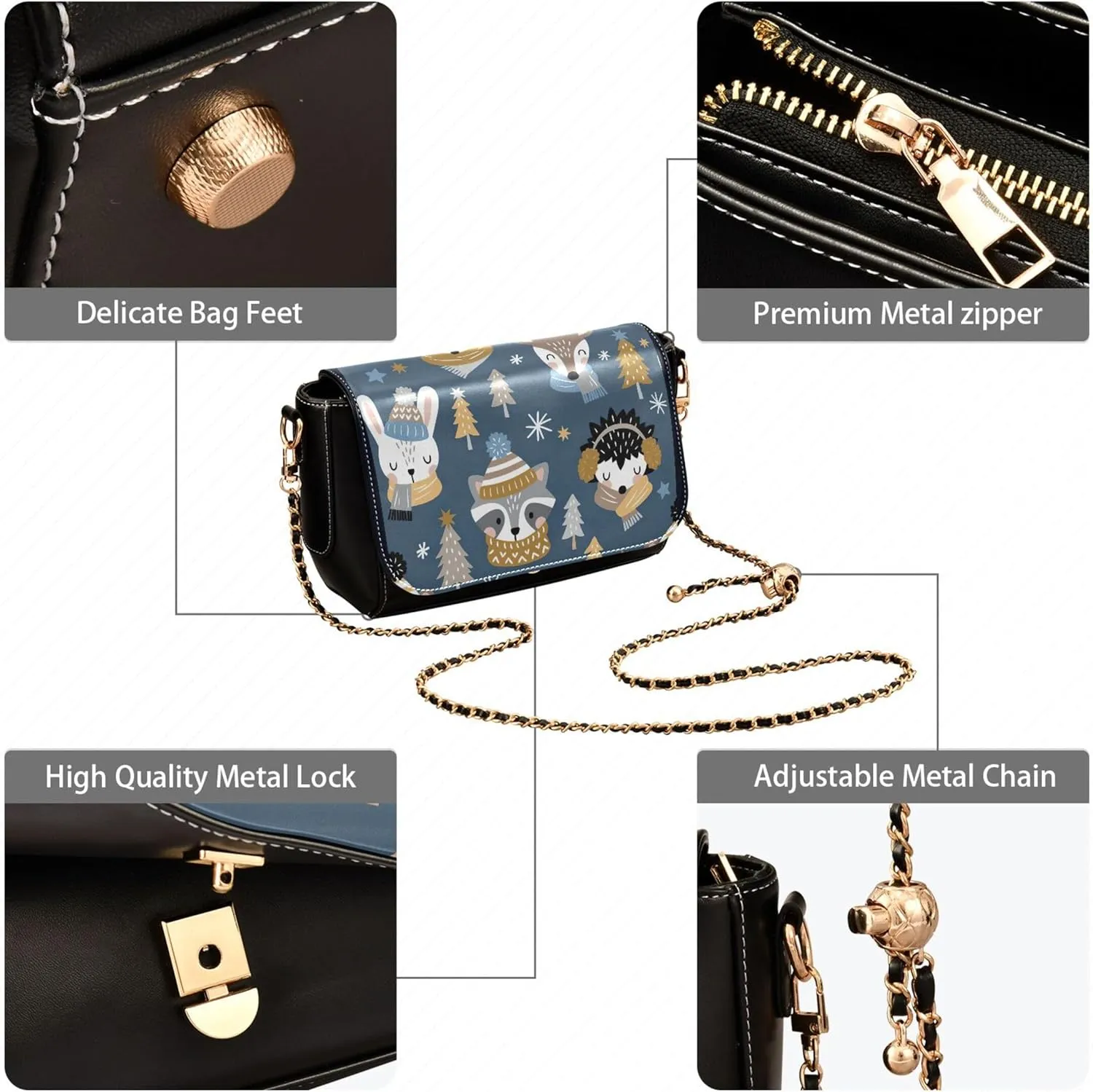 Retro Shoulder Leather Bags, Cute Woodland Animals Fox Crossbody Bags for Women Phone Satchel with Chain Strap