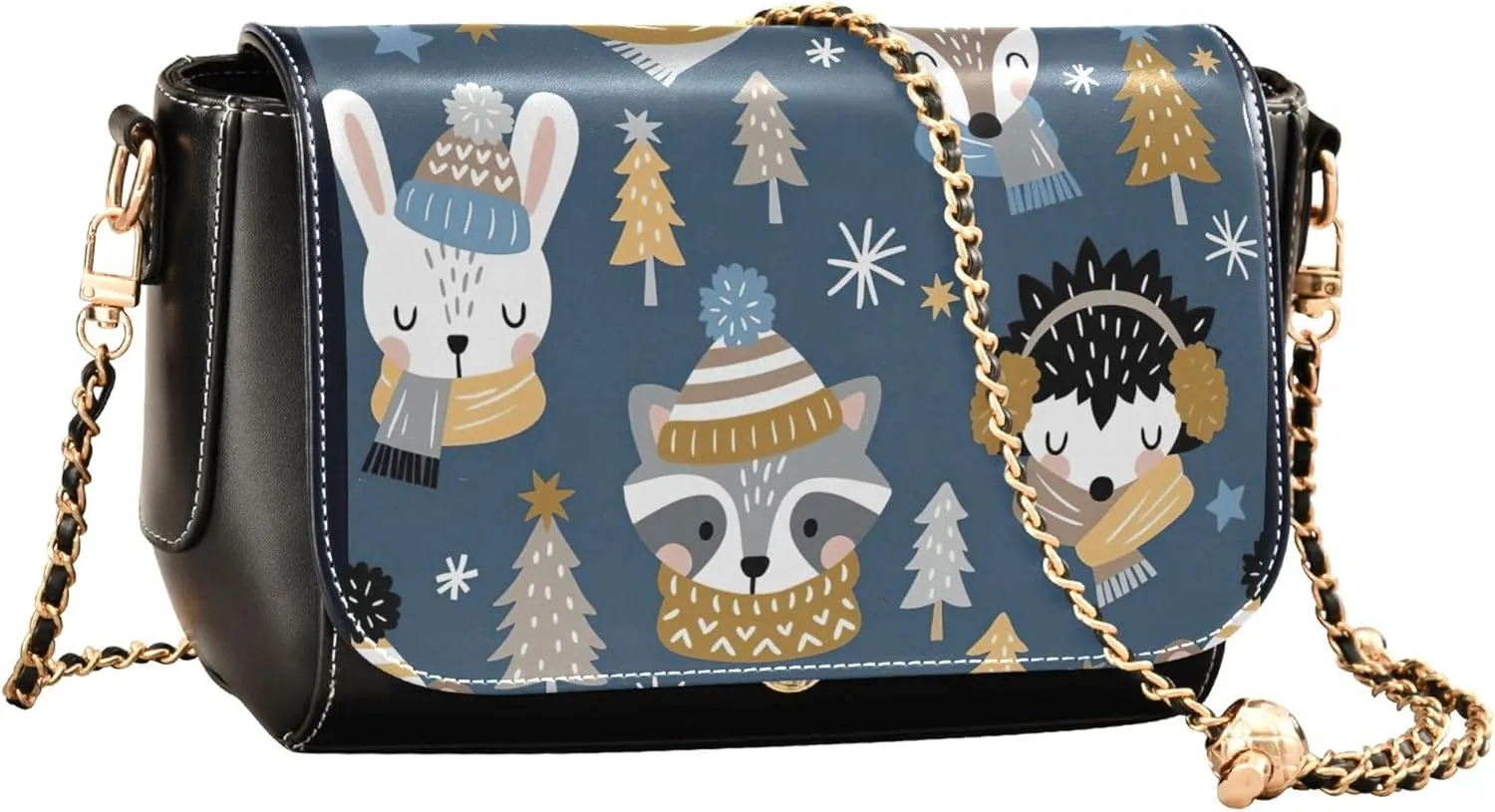 Retro Shoulder Leather Bags, Cute Woodland Animals Fox Crossbody Bags for Women Phone Satchel with Chain Strap
