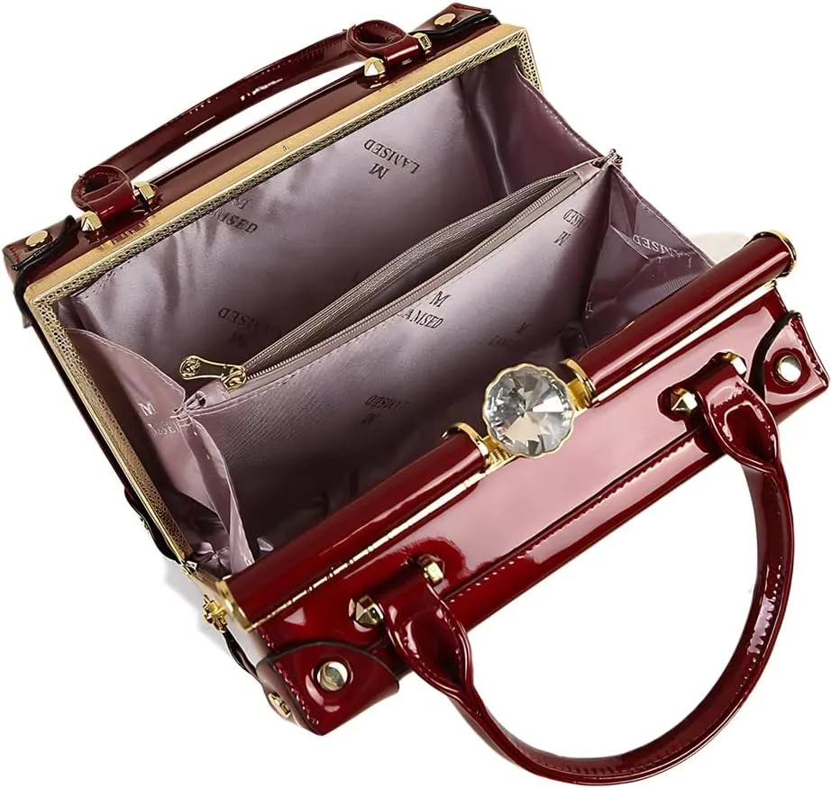 Rhinestone Buckle Evening Bag for Women Top Handle Satchel Handbags Leather Purses Hard Square Box Shoulder Crossbody Bags