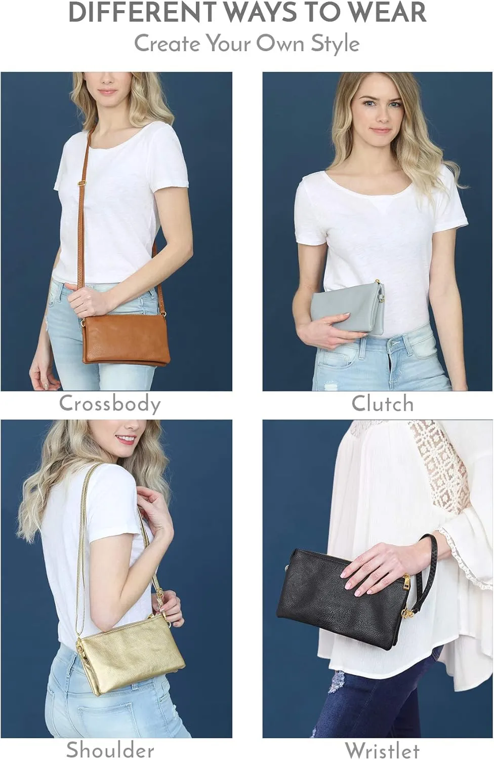 RIAH FASHION Convertible Vegan Leather Wallet Purse Clutch - Small Handbag Phone/Card Slots & Detachable Wristlet/Crossbody