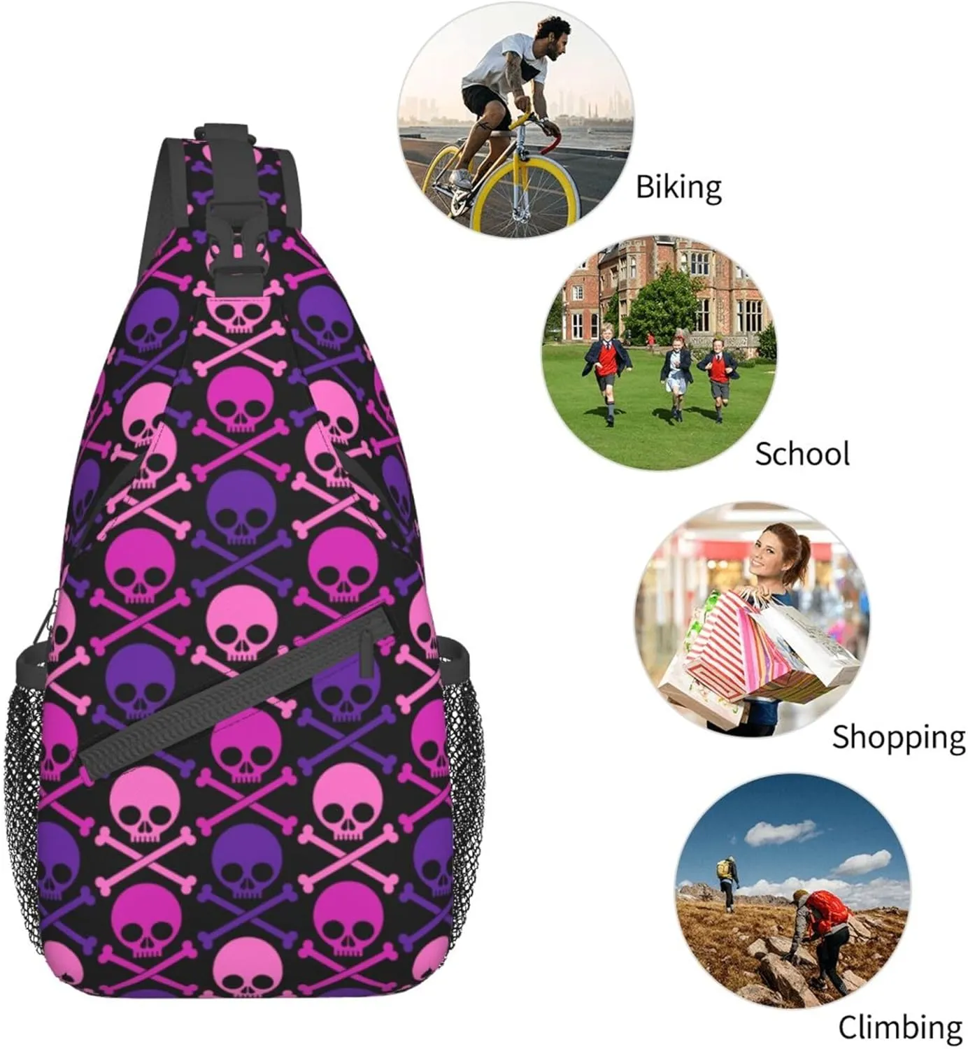 RIMENCH Large Capacity Crossbody Sling Backpack Sling Bag for Women Men Multipurpose Travel Essentials Cross Body Bag (purple and pink crossbones skull)