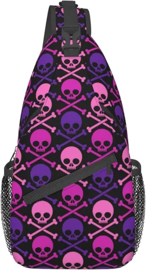 RIMENCH Large Capacity Crossbody Sling Backpack Sling Bag for Women Men Multipurpose Travel Essentials Cross Body Bag (purple and pink crossbones skull)