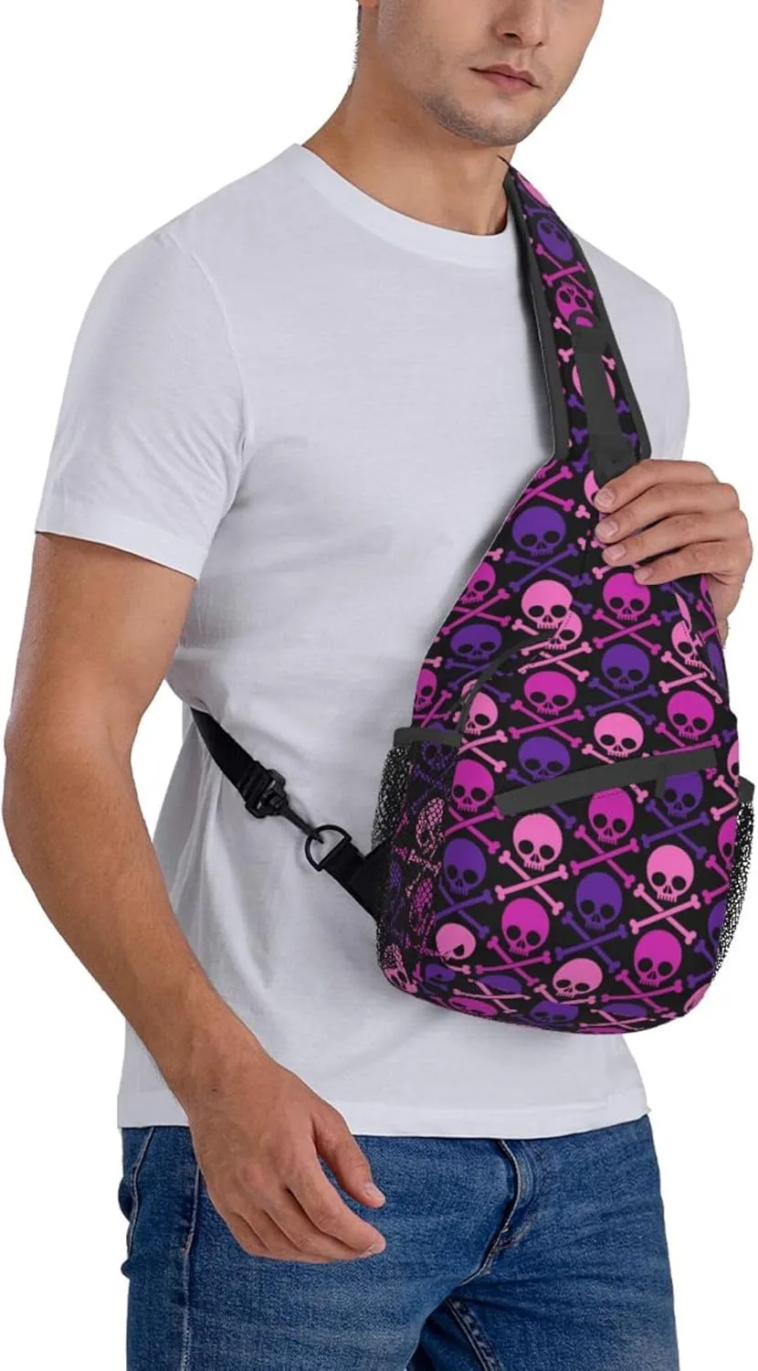 RIMENCH Large Capacity Crossbody Sling Backpack Sling Bag for Women Men Multipurpose Travel Essentials Cross Body Bag (purple and pink crossbones skull)