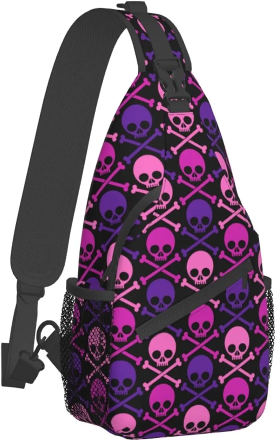RIMENCH Large Capacity Crossbody Sling Backpack Sling Bag for Women Men Multipurpose Travel Essentials Cross Body Bag (purple and pink crossbones skull)