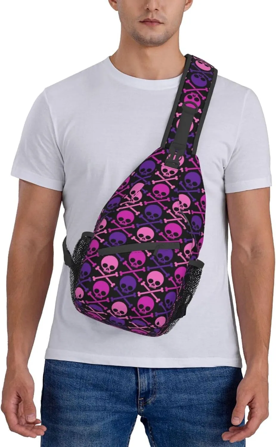 RIMENCH Large Capacity Crossbody Sling Backpack Sling Bag for Women Men Multipurpose Travel Essentials Cross Body Bag (purple and pink crossbones skull)