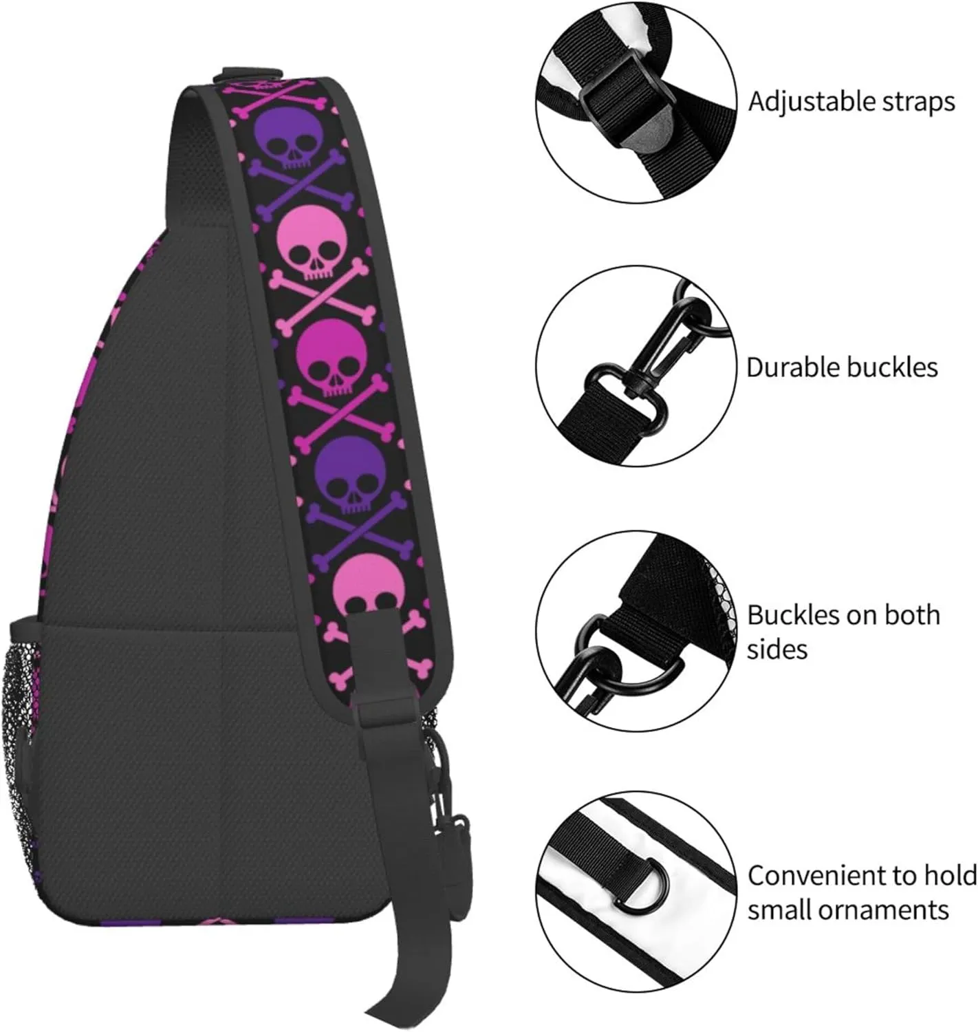 RIMENCH Large Capacity Crossbody Sling Backpack Sling Bag for Women Men Multipurpose Travel Essentials Cross Body Bag (purple and pink crossbones skull)