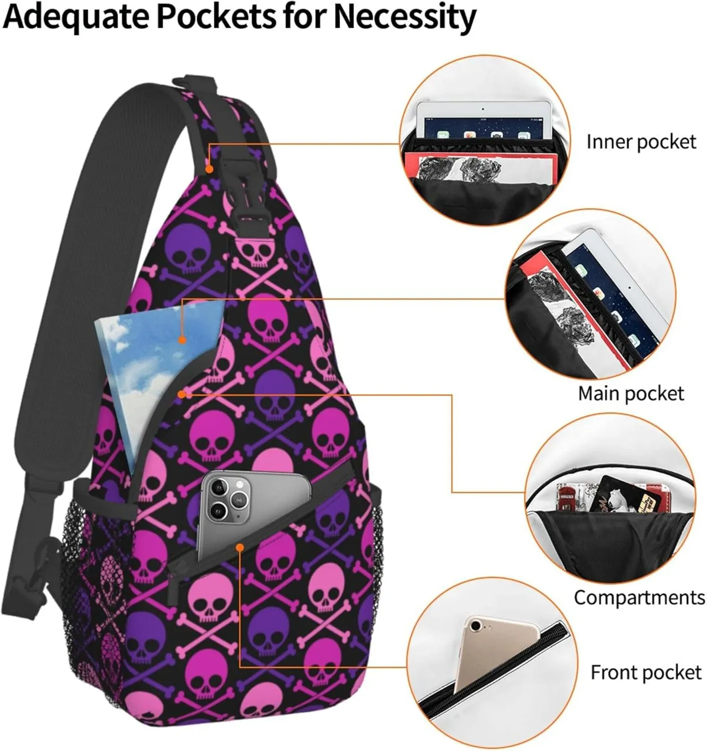 RIMENCH Large Capacity Crossbody Sling Backpack Sling Bag for Women Men Multipurpose Travel Essentials Cross Body Bag (purple and pink crossbones skull)