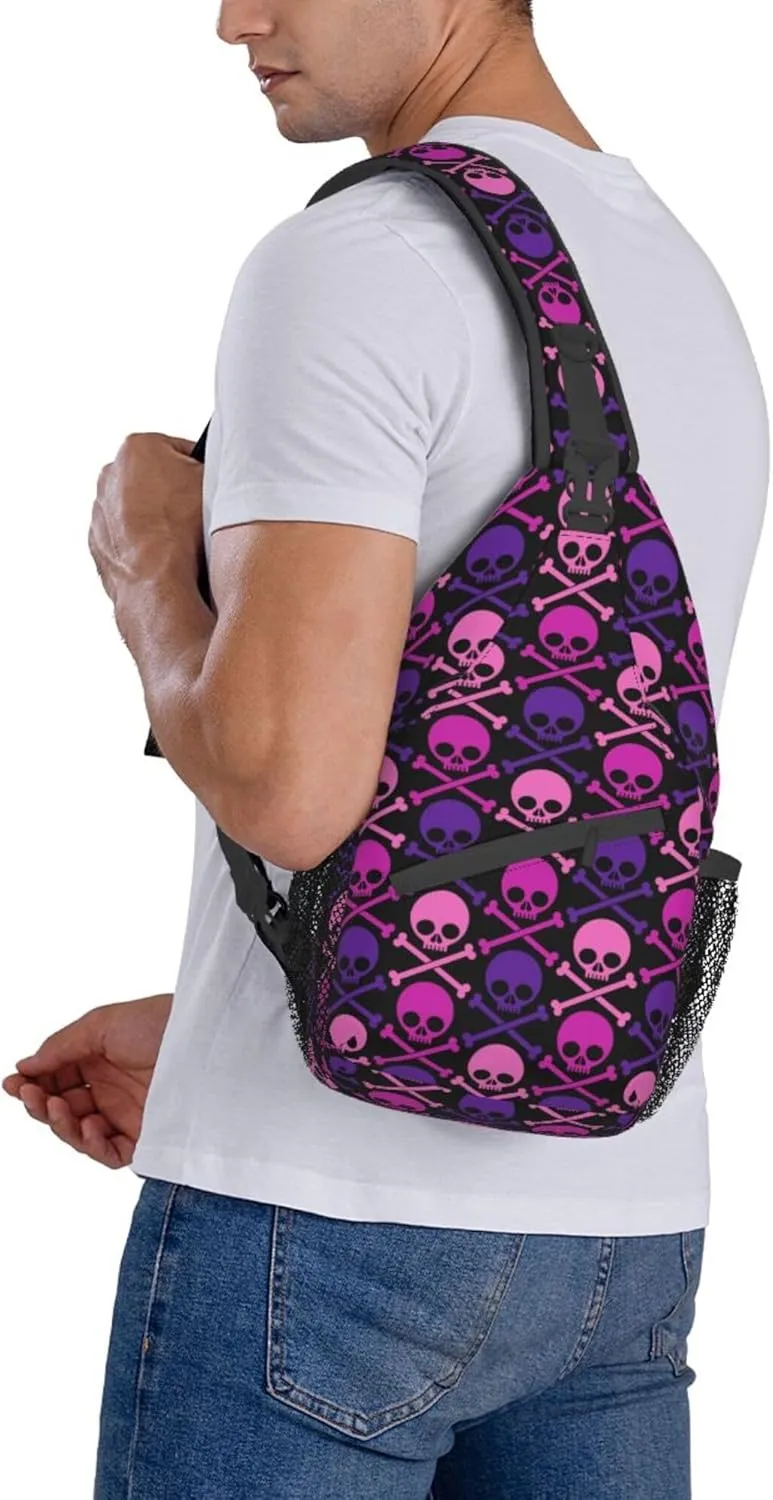 RIMENCH Large Capacity Crossbody Sling Backpack Sling Bag for Women Men Multipurpose Travel Essentials Cross Body Bag (purple and pink crossbones skull)