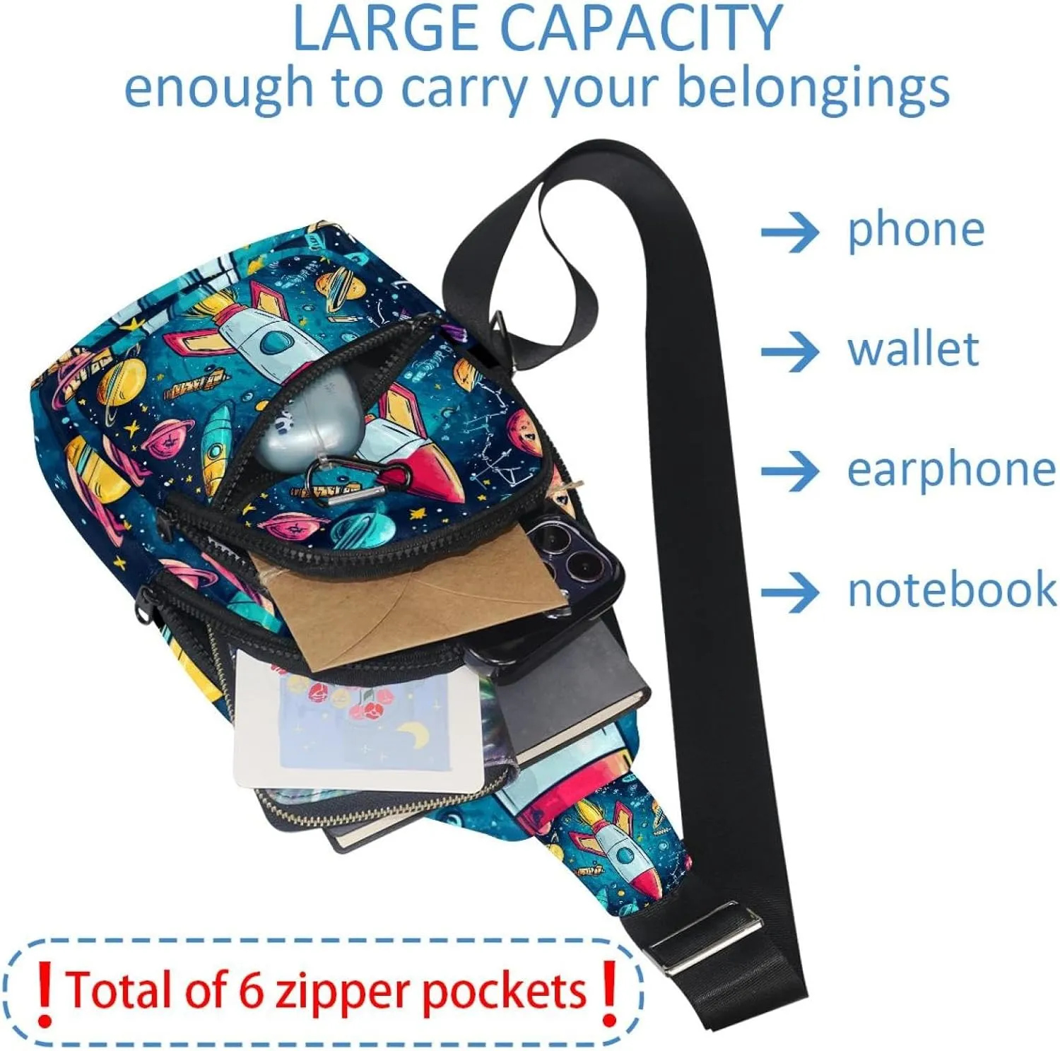 Rocket Crossbody Bag with Adjustable Shoulder Strap, Shoulder Bag for Men and Women Sling Backpack for Travel, Cycling, Work, Sport
