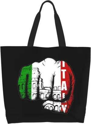 Roman Colosseum Italian Flag Fist Power Canvas Tote Bags for Women, Ladies Shoulder Handbags Large Purse Lightweight Foldable Reusable Shopping Bag with Pockets for Work, Travel, 15.7x19.7in