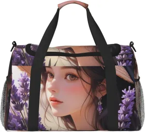 Romantic Lavender Print Travel Duffle Bag - Foldable Personal Item Travel Bag for Women & Men,Carry-On Convertible Crossbody Tote Bags with Adjustable Shoulder Strap & Pockets 13x10.2x19.7 in
