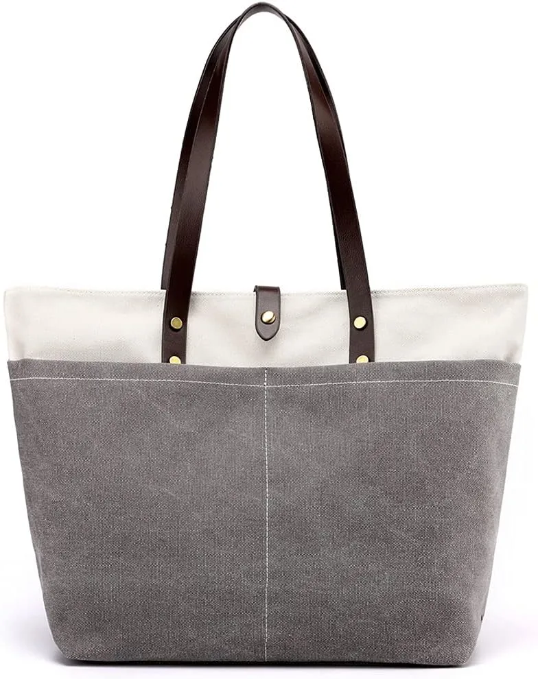 ROUROU Cotton Canvas Handbag for Women Large Capacity Tote Bag Multi Pocket Shoulder Bag Top Handle Satchel Commuter Purse