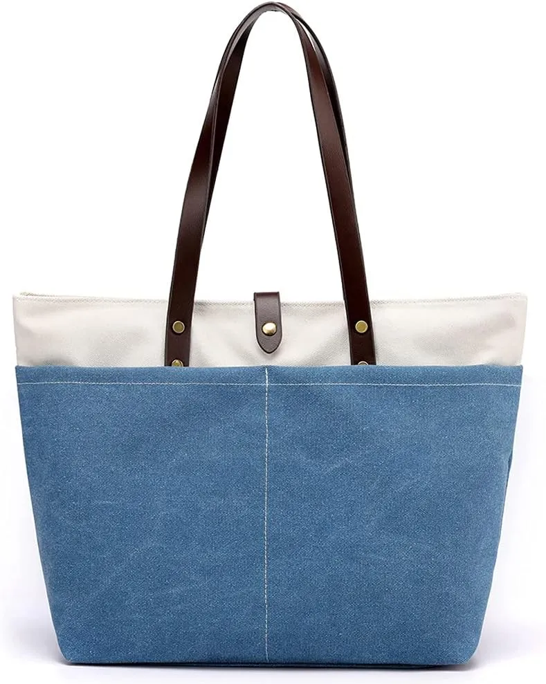 ROUROU Cotton Canvas Handbag for Women Large Capacity Tote Bag Multi Pocket Shoulder Bag Top Handle Satchel Commuter Purse