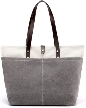 ROUROU Cotton Canvas Handbag for Women Large Capacity Tote Bag Multi Pocket Shoulder Bag Top Handle Satchel Commuter Purse