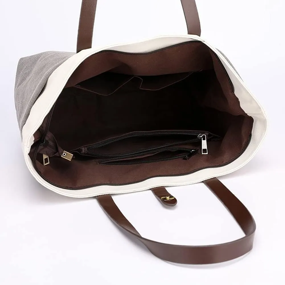 ROUROU Cotton Canvas Handbag for Women Large Capacity Tote Bag Multi Pocket Shoulder Bag Top Handle Satchel Commuter Purse