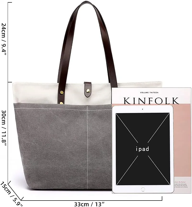 ROUROU Cotton Canvas Handbag for Women Large Capacity Tote Bag Multi Pocket Shoulder Bag Top Handle Satchel Commuter Purse