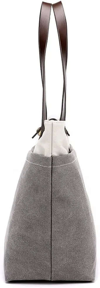 ROUROU Cotton Canvas Handbag for Women Large Capacity Tote Bag Multi Pocket Shoulder Bag Top Handle Satchel Commuter Purse
