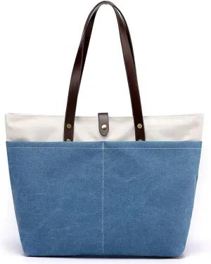 ROUROU Cotton Canvas Handbag for Women Large Capacity Tote Bag Multi Pocket Shoulder Bag Top Handle Satchel Commuter Purse