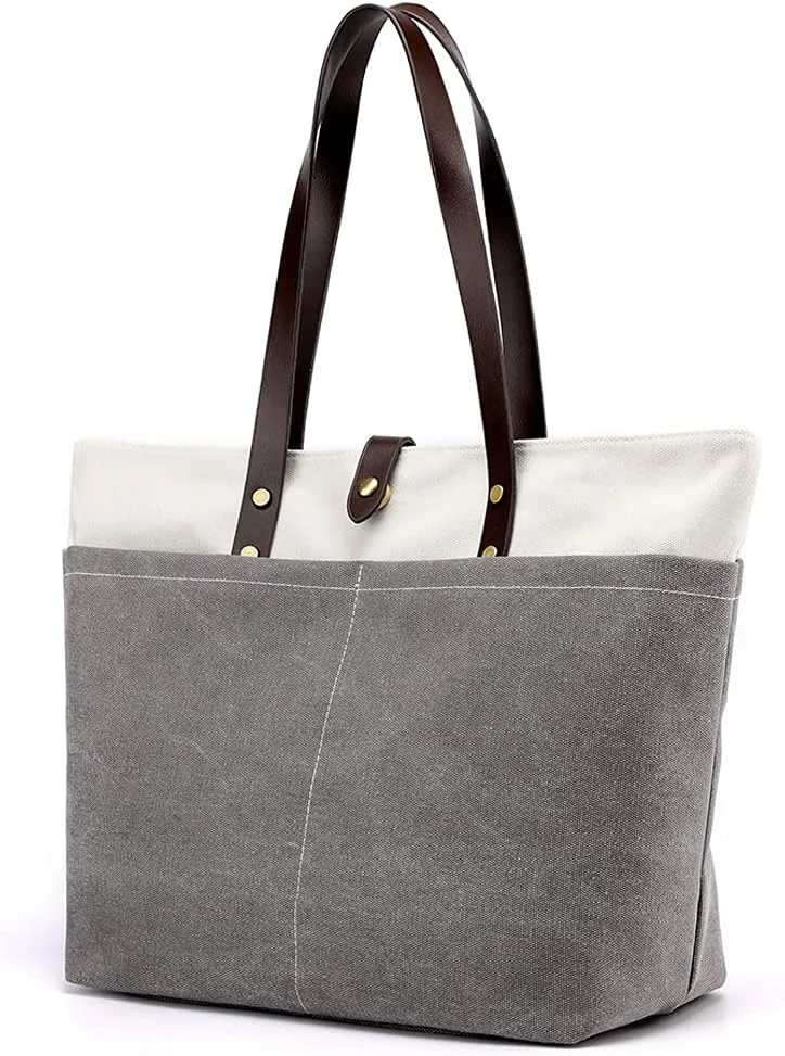 ROUROU Cotton Canvas Handbag for Women Large Capacity Tote Bag Multi Pocket Shoulder Bag Top Handle Satchel Commuter Purse