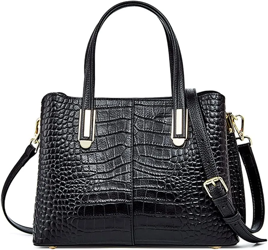ROUROU Genuine Leather Tote Bag for Women Crocodile Print Shoulder Bag Fashion Crossbady Bag Top Handle Handbag Retro Purse