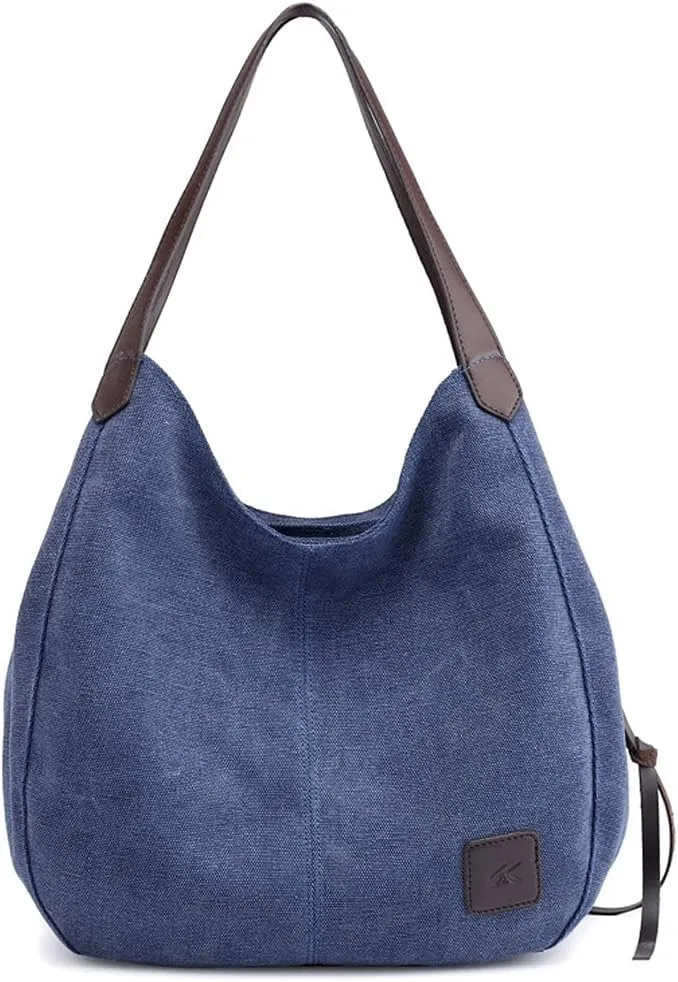 ROUROU Hobo Tote Bag for Women Large Capacity Shoulder Bag Cotton Canvas Handbag Fashion Satchel Multi Pocket Purse