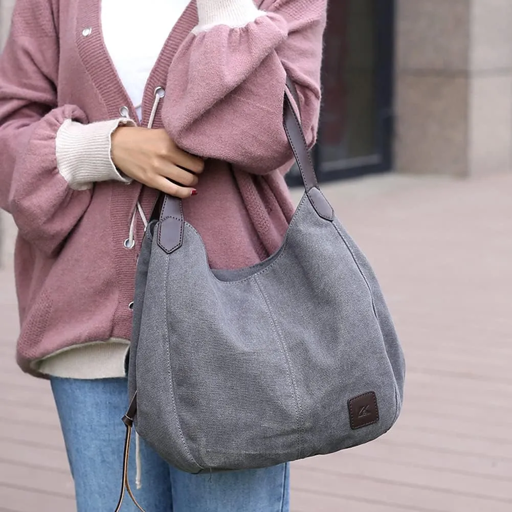 ROUROU Hobo Tote Bag for Women Large Capacity Shoulder Bag Cotton Canvas Handbag Fashion Satchel Multi Pocket Purse