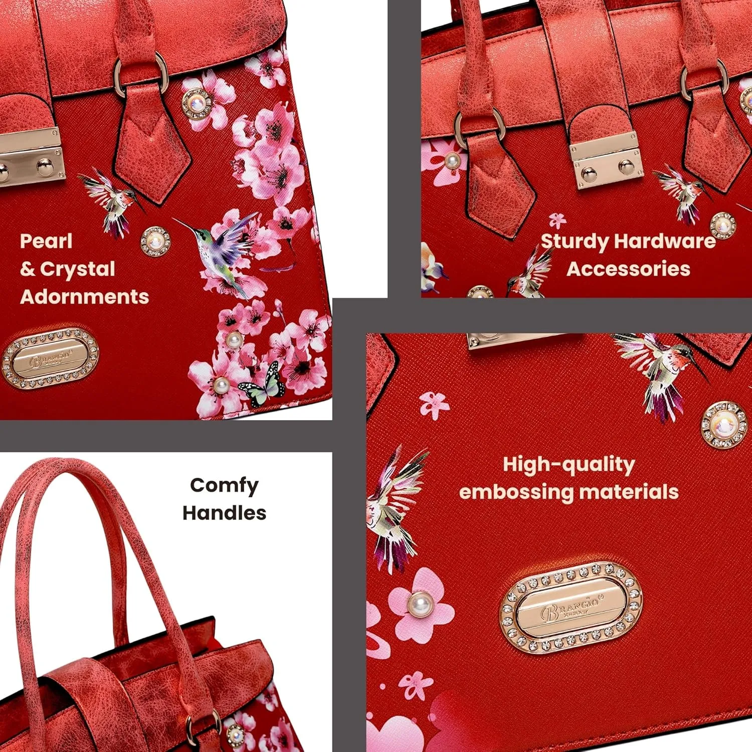 Royal Blossom Designer Satchel - Luxurious Leather Handbag with Pearl & Crystal Accents and Floral Embellishment