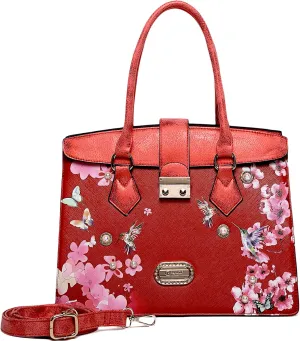 Royal Blossom Designer Satchel - Luxurious Leather Handbag with Pearl & Crystal Accents and Floral Embellishment