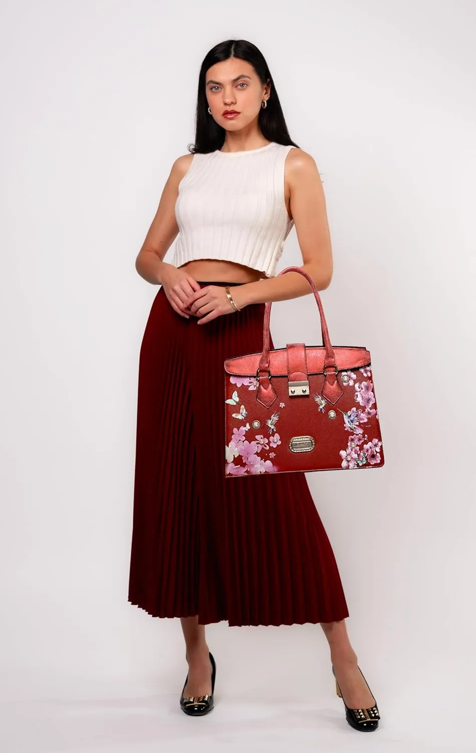 Royal Blossom Designer Satchel - Luxurious Leather Handbag with Pearl & Crystal Accents and Floral Embellishment